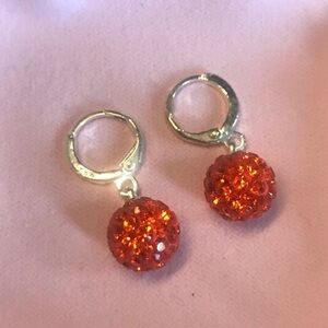 Silver Hoop Earrings with Orange Austrian Crystal Disco Ball Drops
